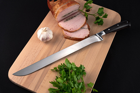 Кухонный нож для мяса и хамона: сталь - 95Х18 (кованая); рукоять - черный граб