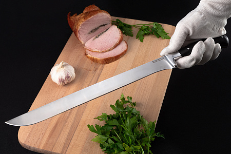 Кухонный нож для мяса и хамона: сталь - 95Х18 (кованая); рукоять - черный граб
